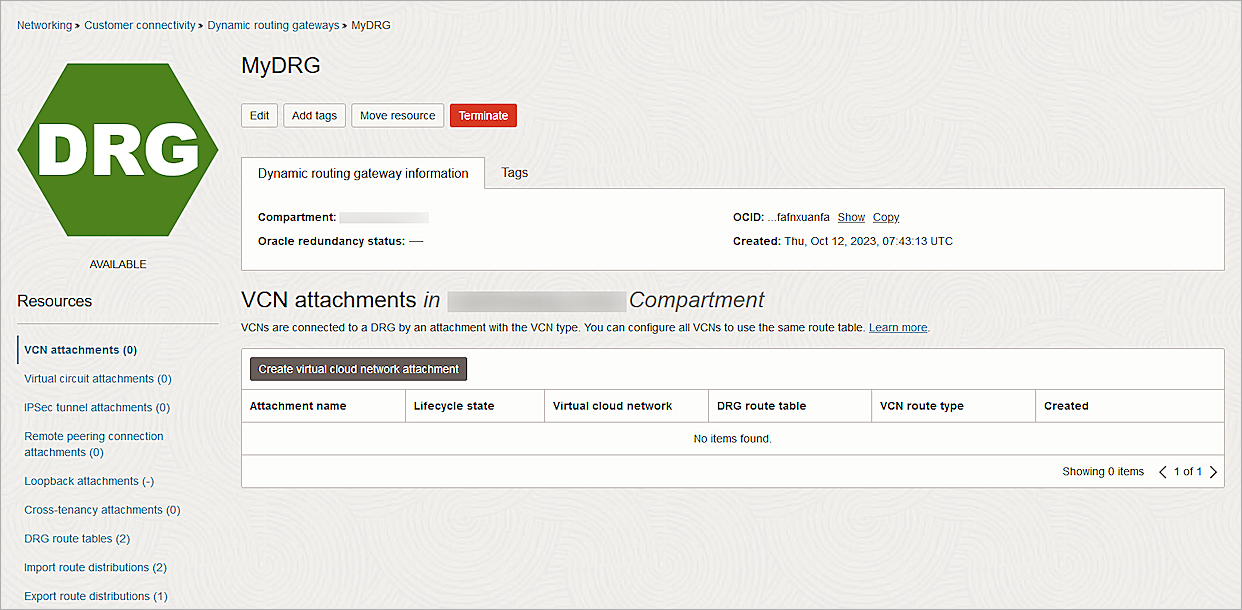 Screenshot of Oracle Cloud, Create VCN attachment