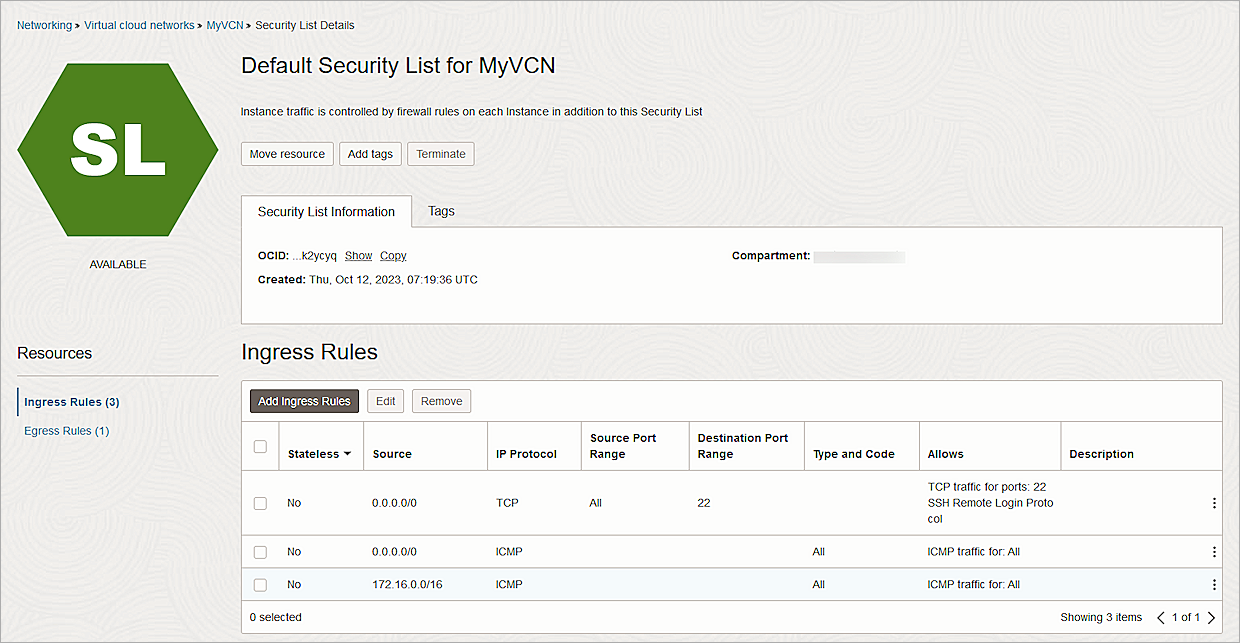 Screenshot of Oracle Cloud, Oracle default Security list ingress rules
