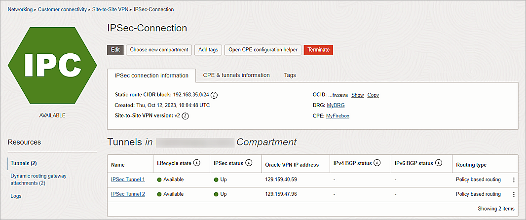 Screenshot of Firebox, IPSec-Connection Up