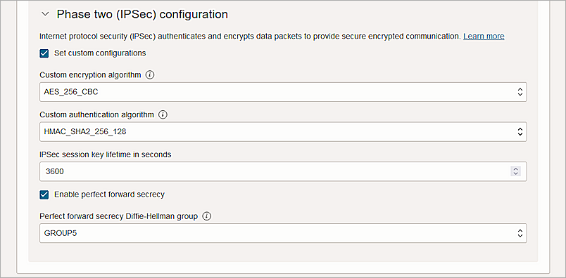 Screenshot of Oracle Cloud, IPSec Tunnel1 Advanced Phase two