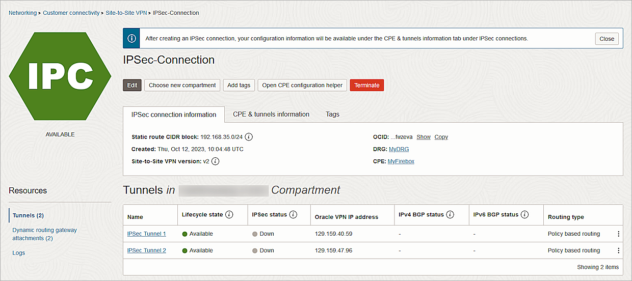 Screenshot of Oracle Cloud, Ipsec-connection information