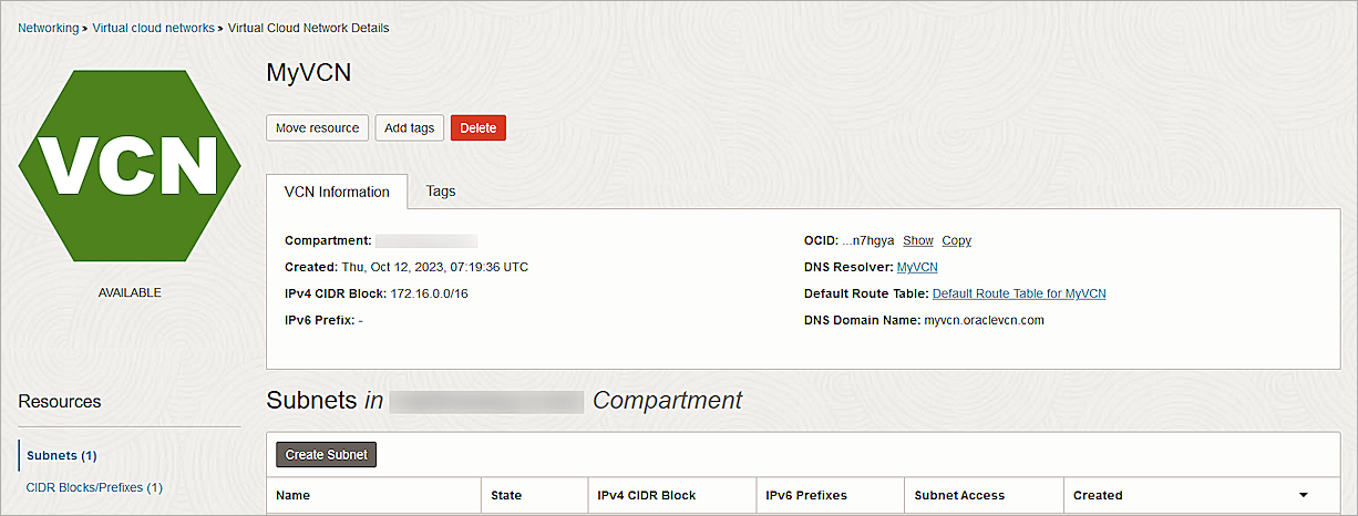 Screenshot of Oracle Cloud, VNC details