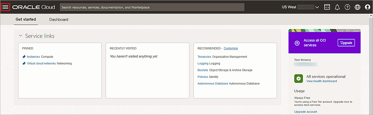 Screenshot of Oracle Cloud, getstarted-navigation-bar