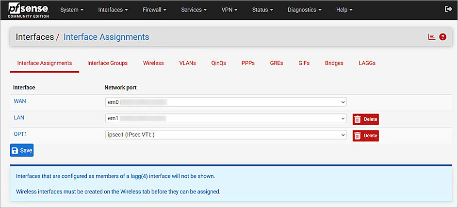 Screenshot of pfSense, picture of IPsecVPN interface assignments