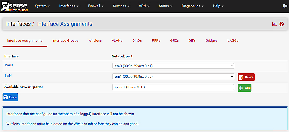Screenshot of pfSense, picture of Interface-VTI-Add