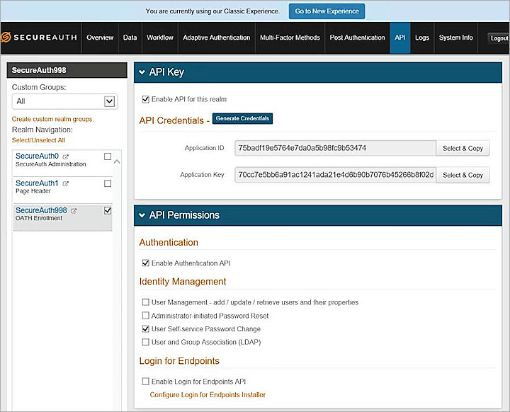 Screenshot of the SecureAuth Generate Credentials, API Permissions dialog box