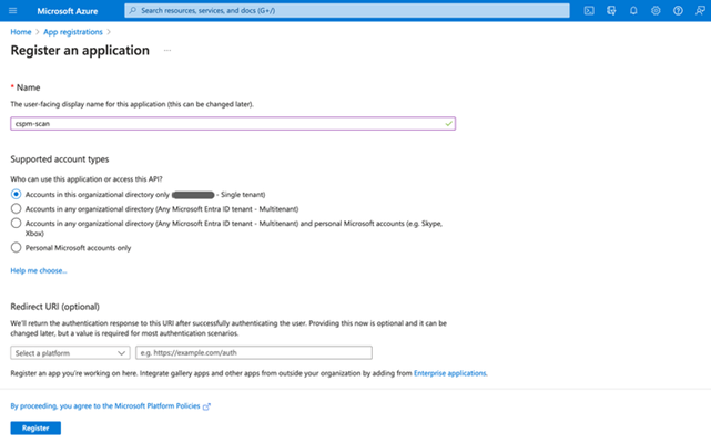 Screenshot of the Azure register an application page