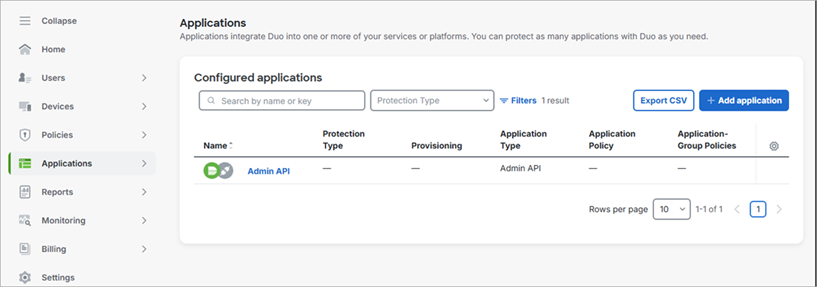 Screenshot of the Duo Applications page