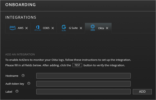 Screen shot of MDR portal Okta Integrations page