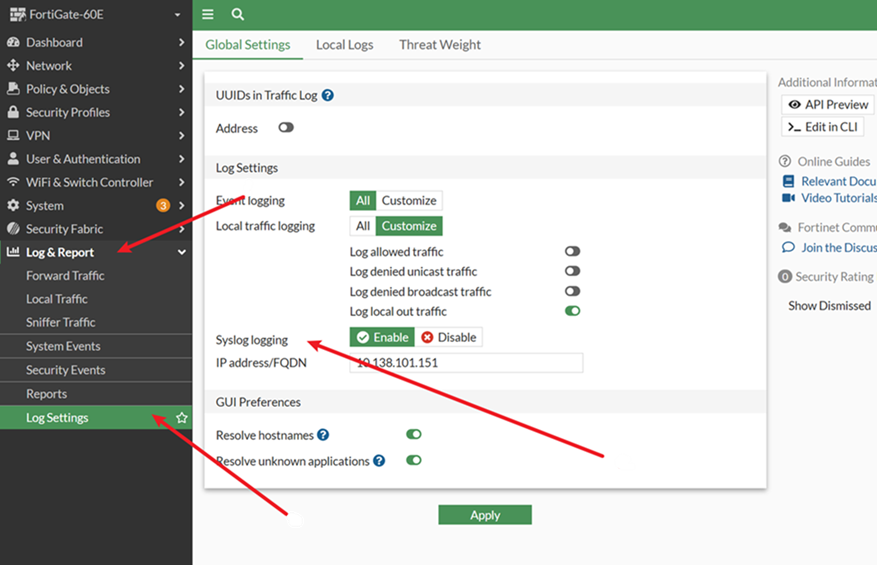 Screen shot of the Fortinet firewall log settings page