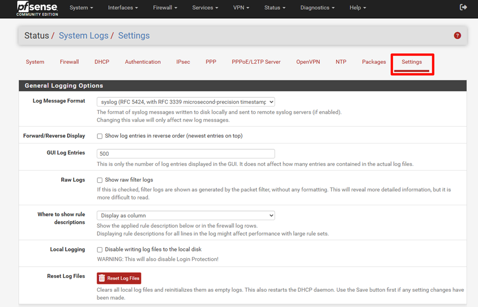 Screen shot of the pfSense firewall dashboard