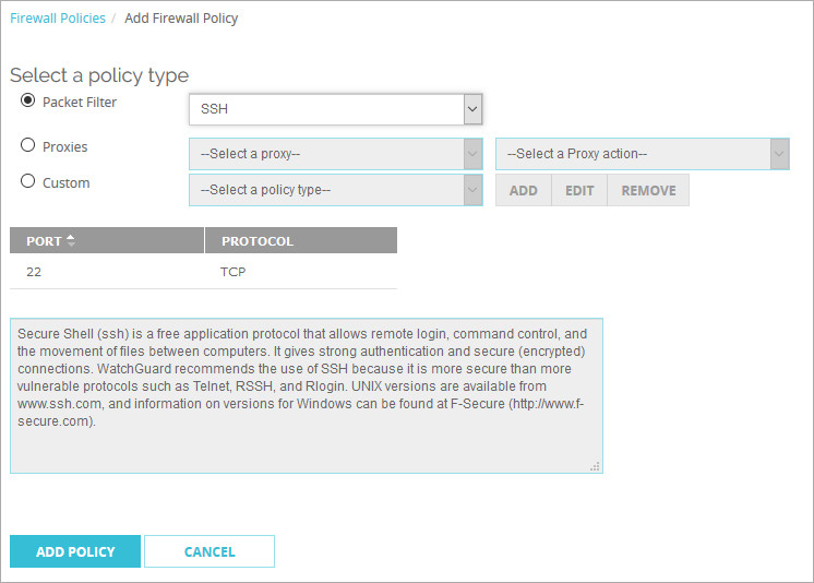 Screen shot of the WatchGuard firewall add policy type