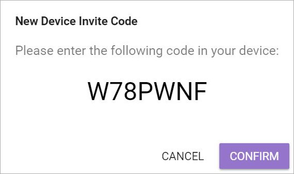 Screen shot of the Perch new Device invite Code
