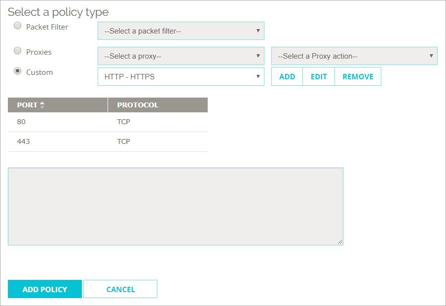 Screen shot of the custom policy add policy page