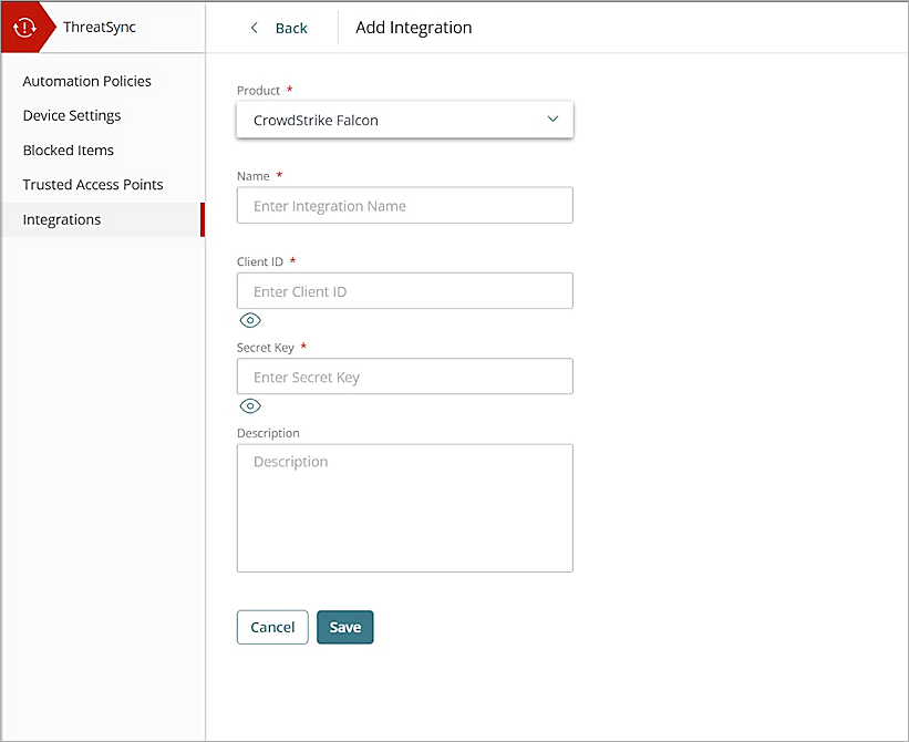 Screen shot of the ThreatSync Add Integration page for CrowdStrike Falcon