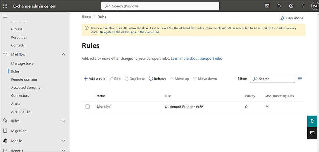 Screenshot of the Microsoft 365 configuration Rules page