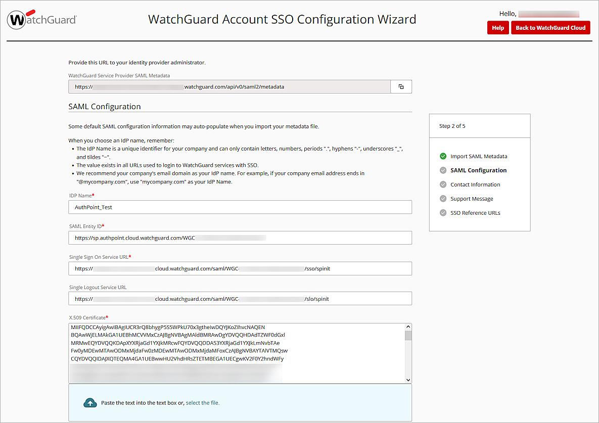 Screenshot of WGID, SAML Configuration