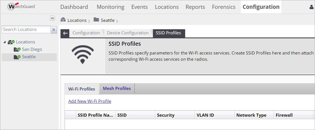 Screen shot of the Wi-Fi Cloud add new SSID Profile page