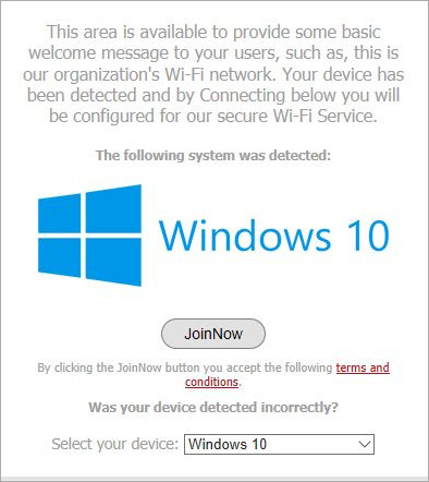 Screen shot of the SecureW2 JoinNow redirect URL