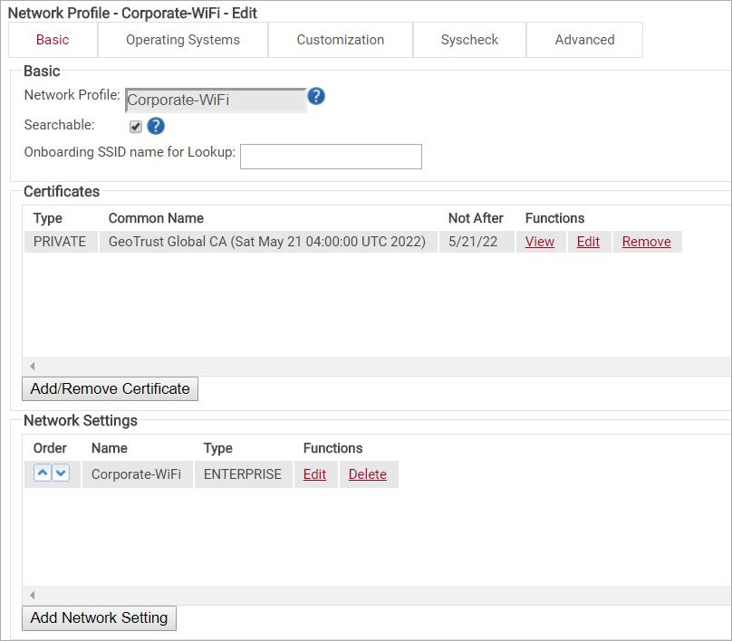 Screen shot of the SecureW2 Network Profile Edit for certificates