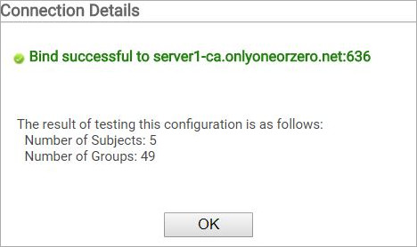 Screen shot of the SecureW2 Active Directory connection test complete