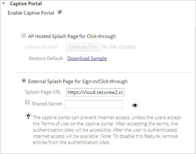 Screen shot of the Wi-Fi Cloud Captive Portal settings