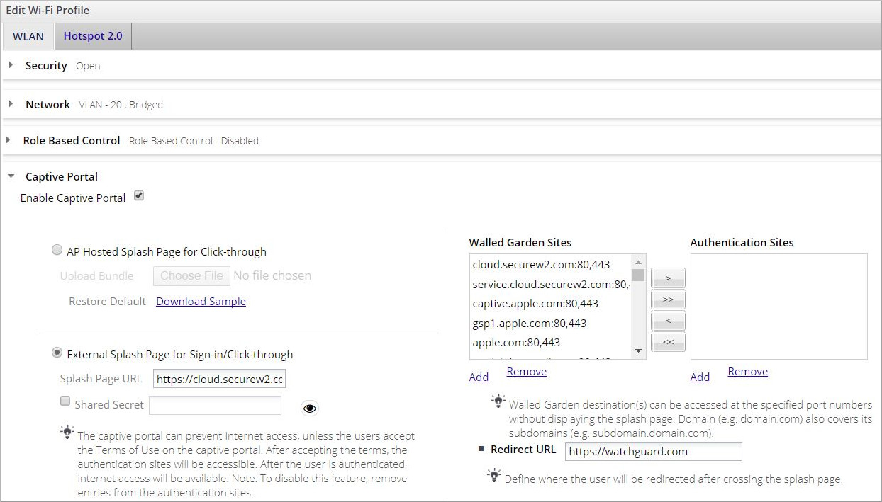 Screen shot of the Wi-Fi Cloud Captive Portal Redirect URL settings