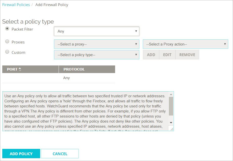 Screen shot of the WatchGuard Firewall Add Policy page