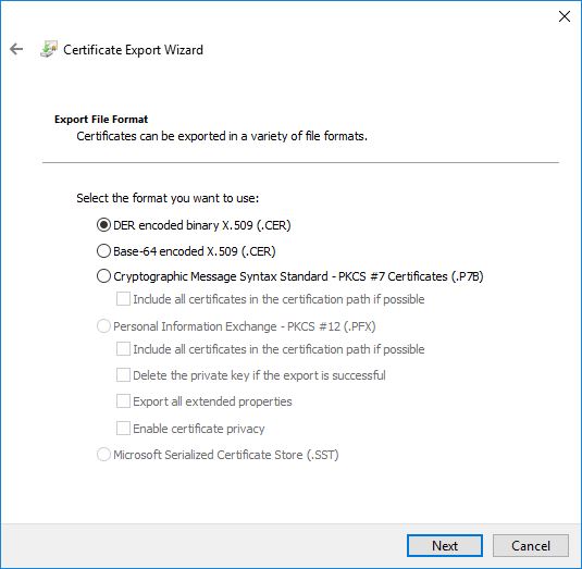 Screen shot of Certificate Export Wizard