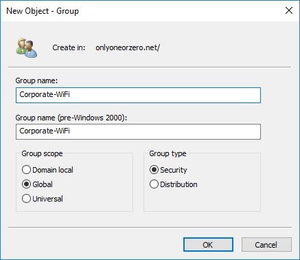 Screen shot of the Active Directory new group creation