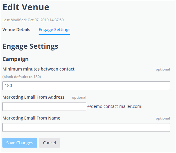 Screen shot of the Venue Engage Settings page in Skyfii