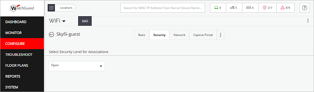 Screen shot of the Add SSID security page in Wi-Fi Cloud Discover