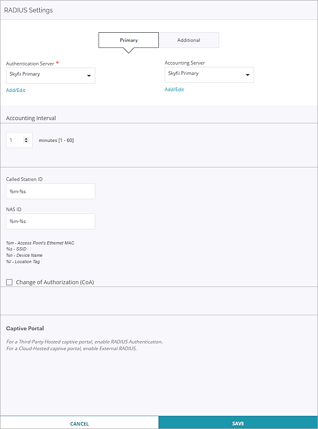 Screen shot of the RADIUS settings for a Captive Portal in Wi-Fi Cloud Discover