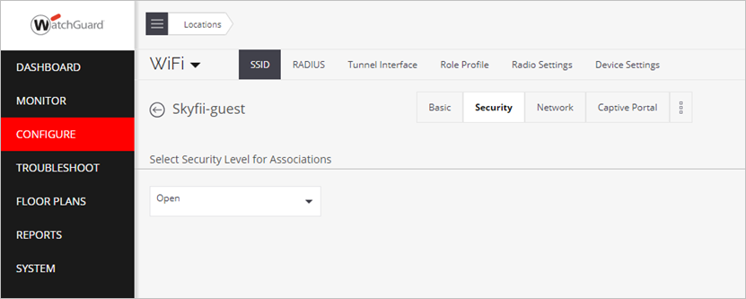 Screen shot of the Add SSID security page in Wi-Fi Cloud Discover