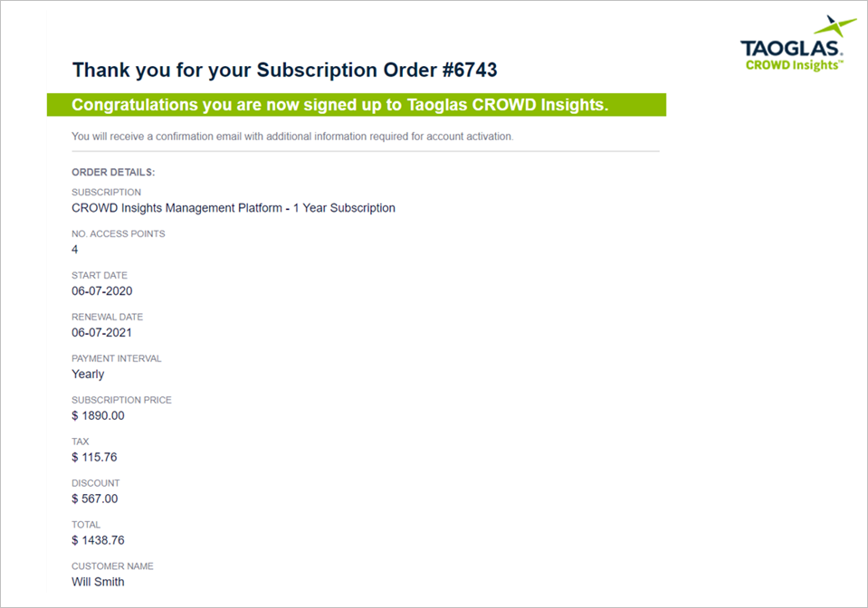 Screen shot of the Taoglas subscription email