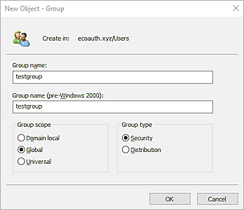 Screenshot of the Active Directory server, New Group page