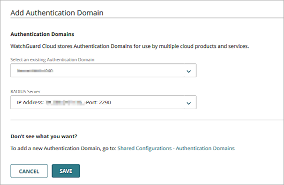 Screen shot of the Add Authentication Domain page in an Access Point Site in WatchGuard Cloud