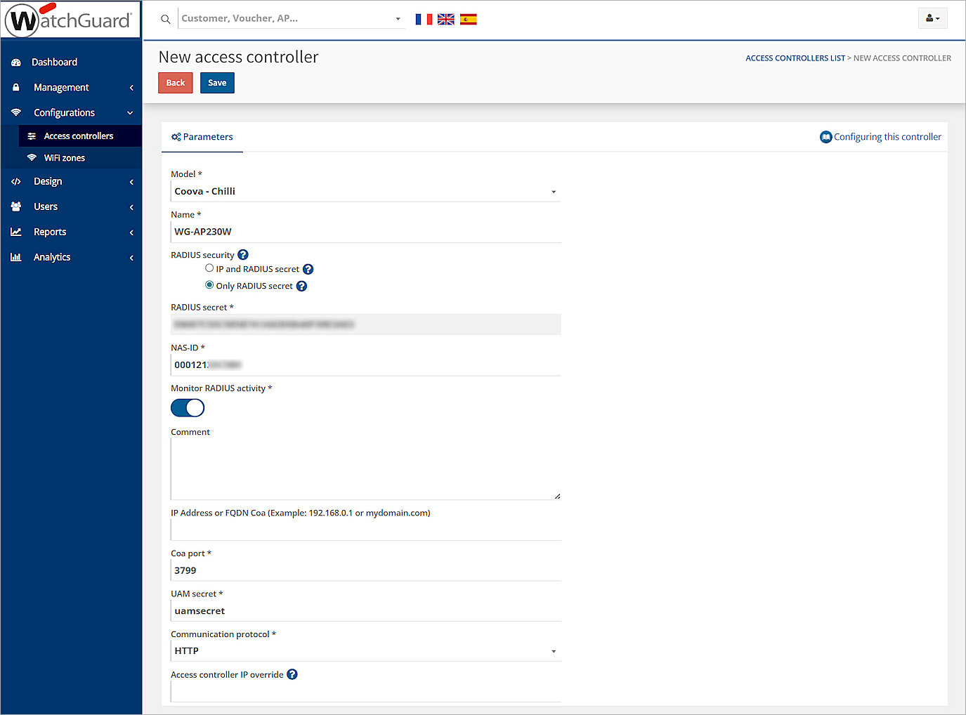 Screenshot of the Hotspot Manager Add an access controller page