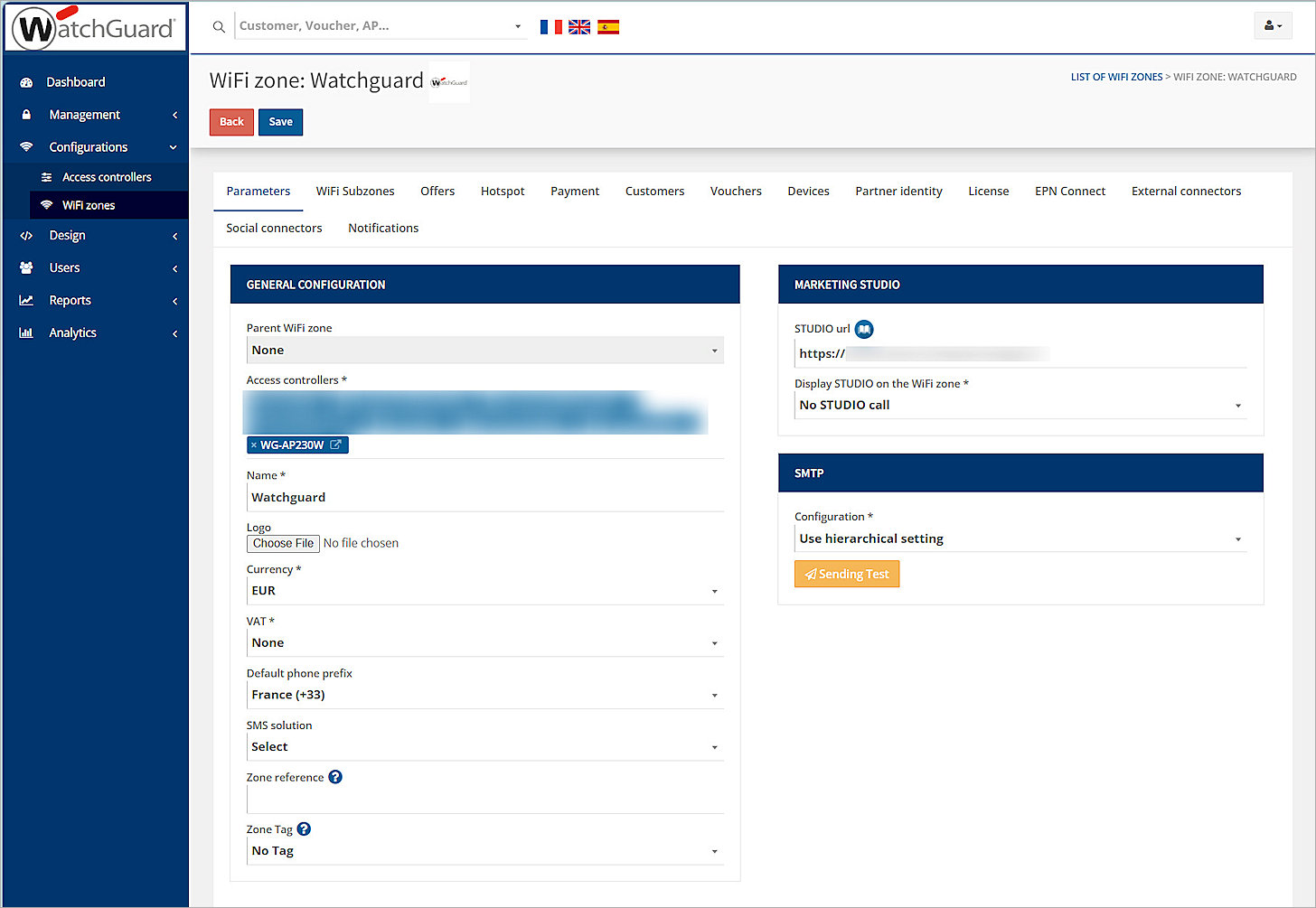 Screenshot of the Hotspot Manager WiFi zone Parameters tab