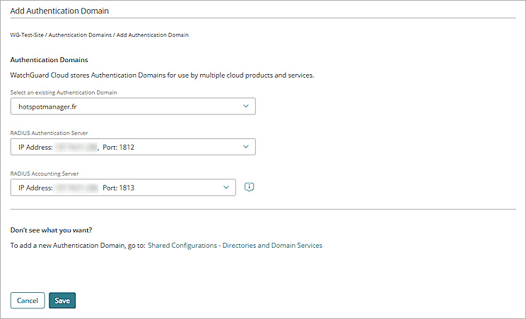 Screenshot of the Add Authentication Domain page in an Access Point Site