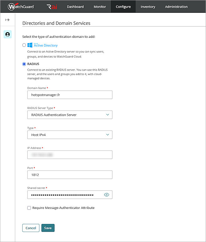 Screenshot of the Add Authentication Domain page in WatchGuard Cloud