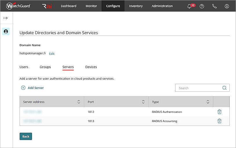 Screenshot of the Authentication Server update page in WatchGuard Cloud