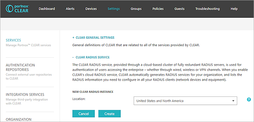 Screenshot of Portnox Clear, Create Clear RADIUS server page