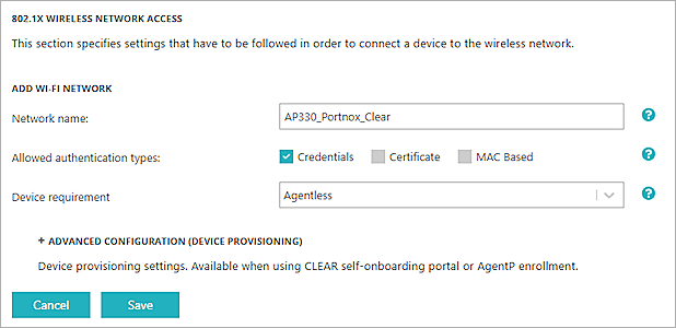 Screenshot of Portnox Clear, Add Wi-Fi Network page