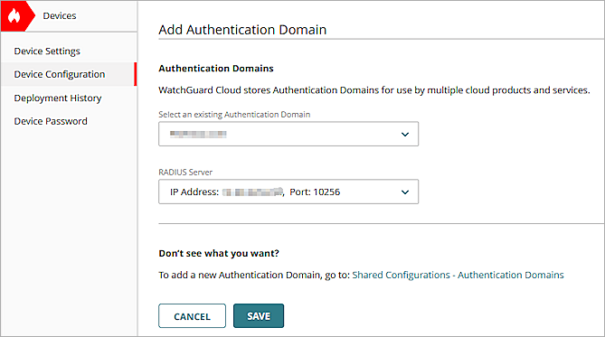 Screenshot of the Add Authentication Domain page in WatchGuard Cloud