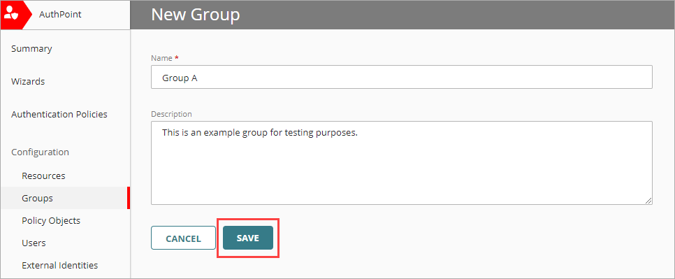Screenshot of the Save button on the New Group page.