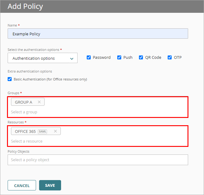 Screenshot of the Add Policy page with the groups and resources selected
