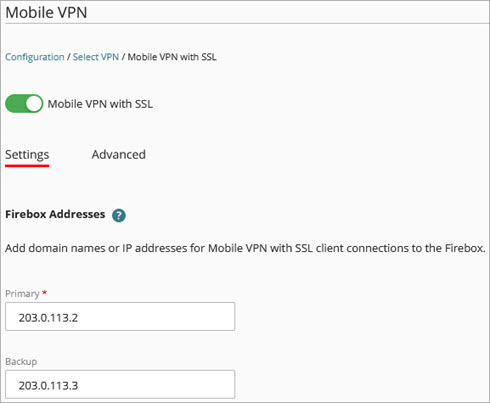 Screen shot of the Firebox Addresses section in the Mobile VPN configuration