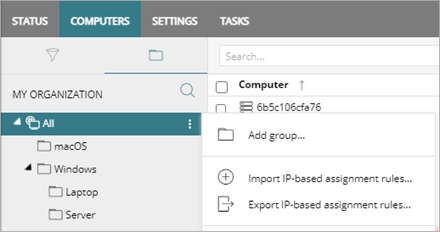 Screen shot of Computers page and Add Group menu