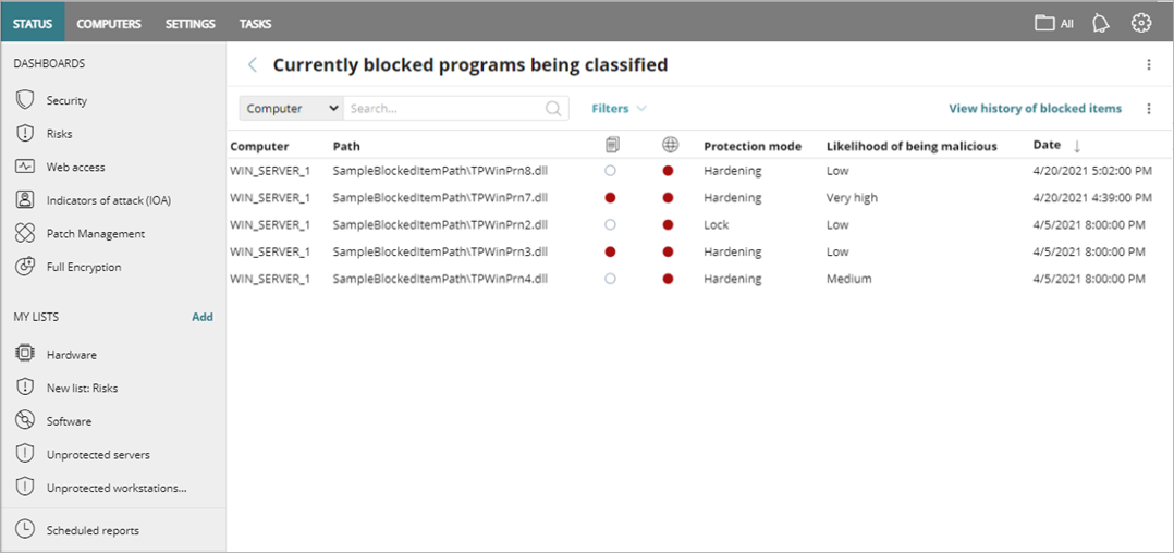 Screen shot of Currently Blocked Programs Being Classified list.